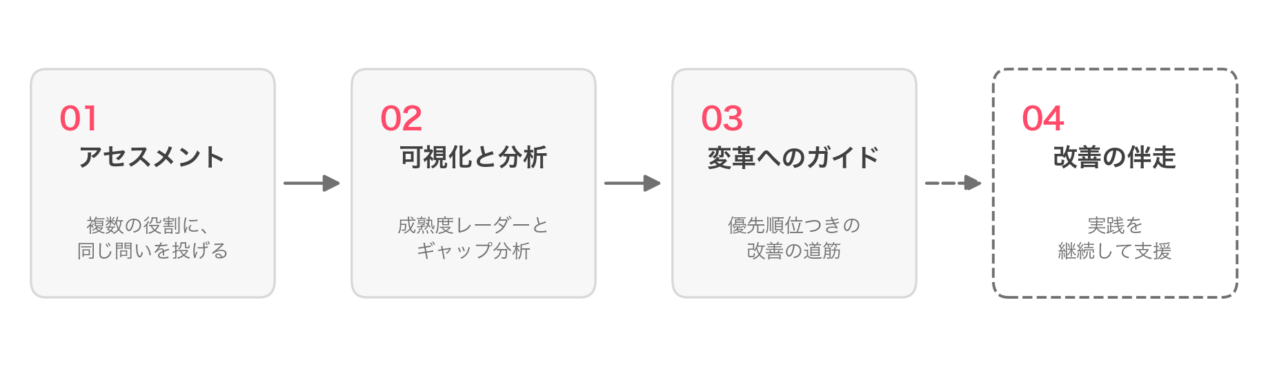 進め方：アセスメント → 可視化と分析 → 変革へのガイド →（オプション）改善の伴走
